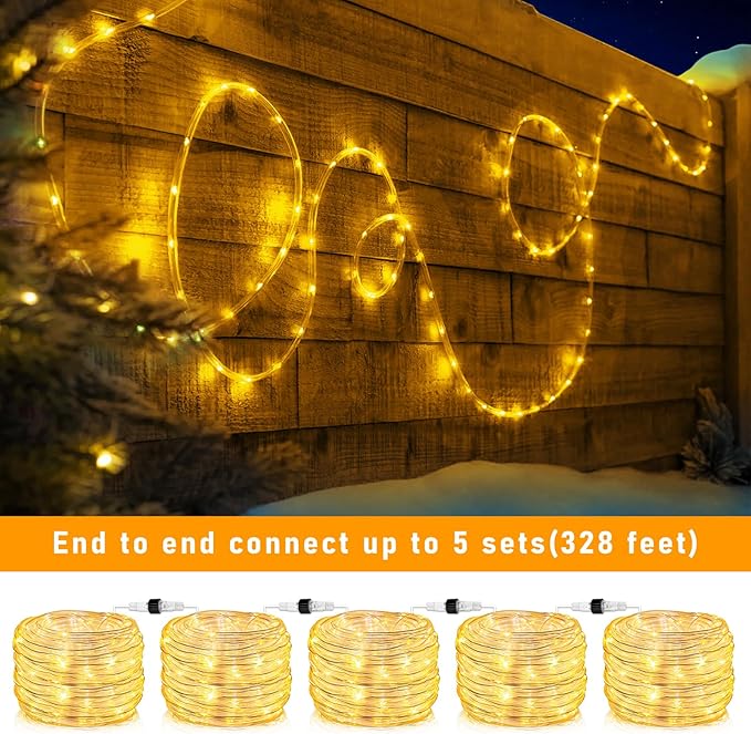 Rope Lights for Outside, 66FT 200 LED Christmas Lights Outdoor with 8 Modes Waterproof, Connectable Warm White String Lights for Indoor, Bedroom, Tree, Garden, Backyard, Patio, Pool Decorations