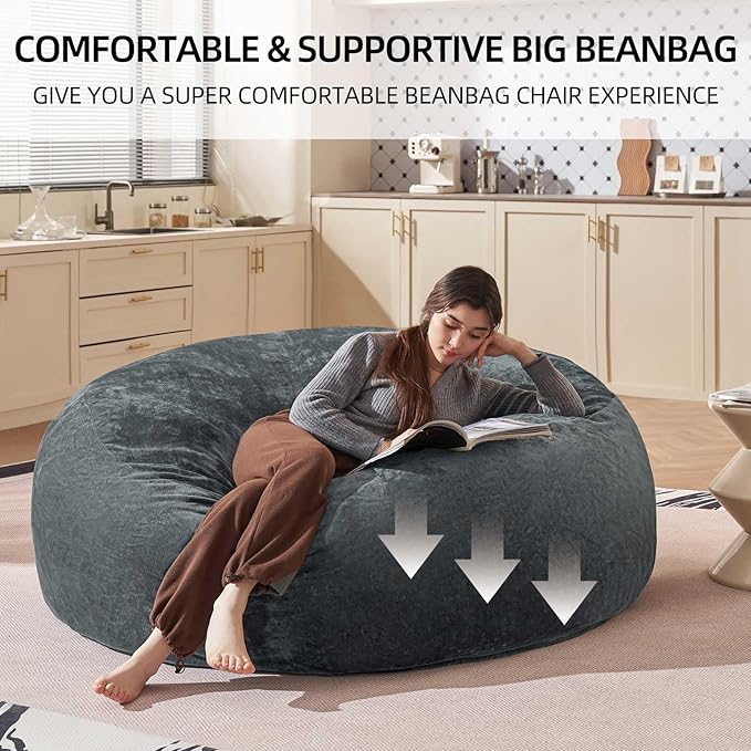 Bean Bag Chair 5Ft, Memory Foam Filled, Large Beanbag Chairs for Adults and Teens, Soft Sofa with Removable Flannel Cover, Round Couch for Living Room Bedroom College Dorm (Dark Gray, 5FT-60×60"×24")