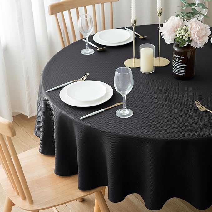 Biscaynebay Textured Fabric Round Tablecloths 60", Black Table Cloth Water Resistant Small Circle Folding Table Covers Linen Washable for Dining, Kitchen, Wedding and Parties etc