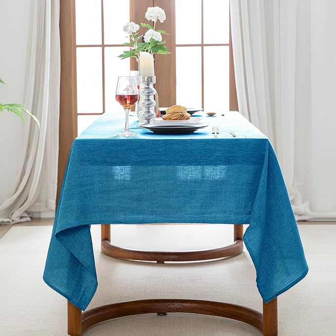 EVERLY 100% Pure Linen Rectangle Tablecloths 60x120Inches for Dining,Buffet Parties,Picnic,Events,Weddings and Restaurants,Decorative Halloween,Thanksgiving Machine Washable Tablecloths-Blue