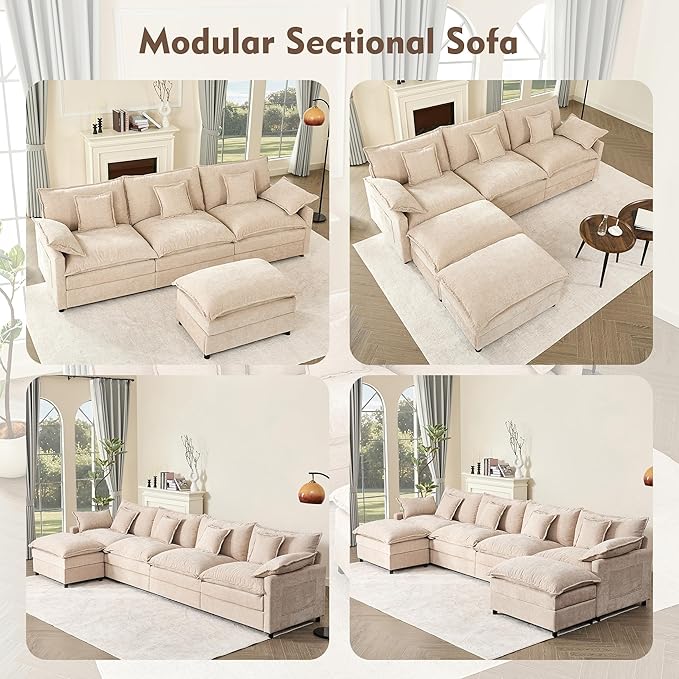 108" U Shaped Couch, Modular Sectional Sofa, 3-Seater Comfy Cloud Couch with Movable Ottoman, Deep Seat Couches for Living Room, Chenille, Flat White