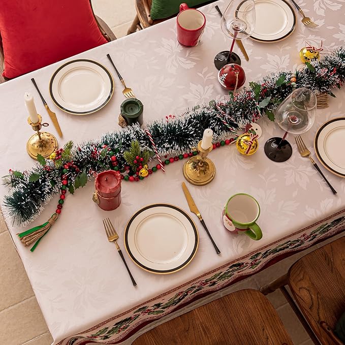 Softalker Christmas Jacquard Rectangle Tablecloth, Winter Vintage Holly Waterproof Table Cloth, Xmas Farmhouse Fabric Table Cover for Holiday, Dining, Party Decor, DHHolly 60 x 102 Inch