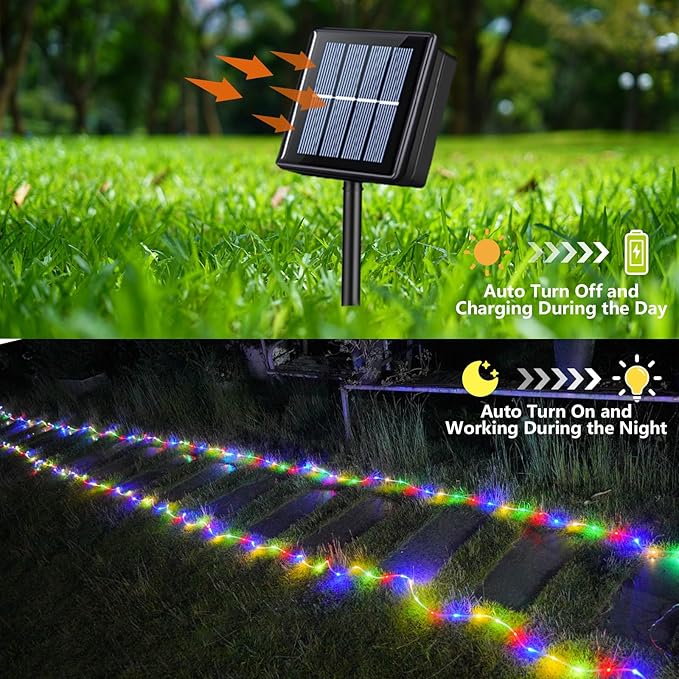 YEGUO 2 Packs Each 33ft 100 LED Solar Trampoline Lights Multicolor, Solar Rope Lights for Outside, 8 Modes Fairy Lights in Clear Thin Tube for Camping Fence Patio Garden Deck