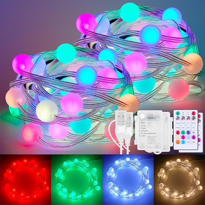 Fairy Lights Color Changing 16.5FT String Lights with Remote, 2-Pack Mini Ball LED Twinkle Lights USB Plug or Battery Powered for Indoor Outdoor Waterproof Party Garden Camping Decoration
