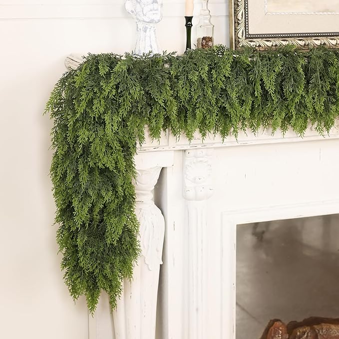 9FT Real Touch Cedar Garland - Artificial Christmas Garland Fake Green Faux Thick and Lush Pine Needles Garlands for Table Fireplace Mantle Holiday Home Indoor Outdoor Decor (2PCS)