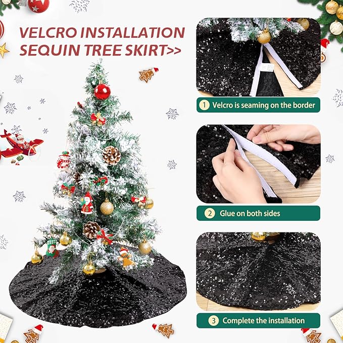 Christmas Tree Skirt Black Sequin Tree Skirt 48 Inches Xmas Tree Skirt Mat Sparkly Christmas Tree Halloween Decorations