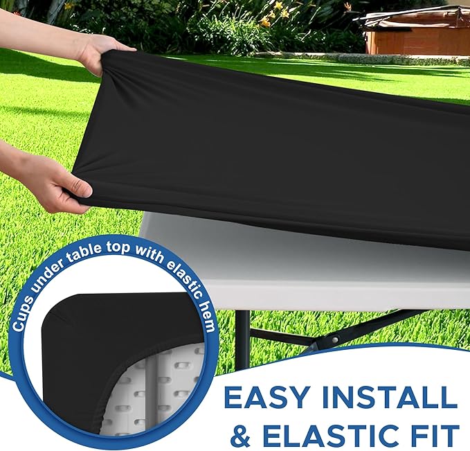Stretch Table Cover for 4ft Rectangle Tables-10 Pack Black Spandex Table Cloths with Elastic-Stretchy Folding Outdoor Picnic Tablecloth for Camping Dining Room Patio Kitchen Banquet Party