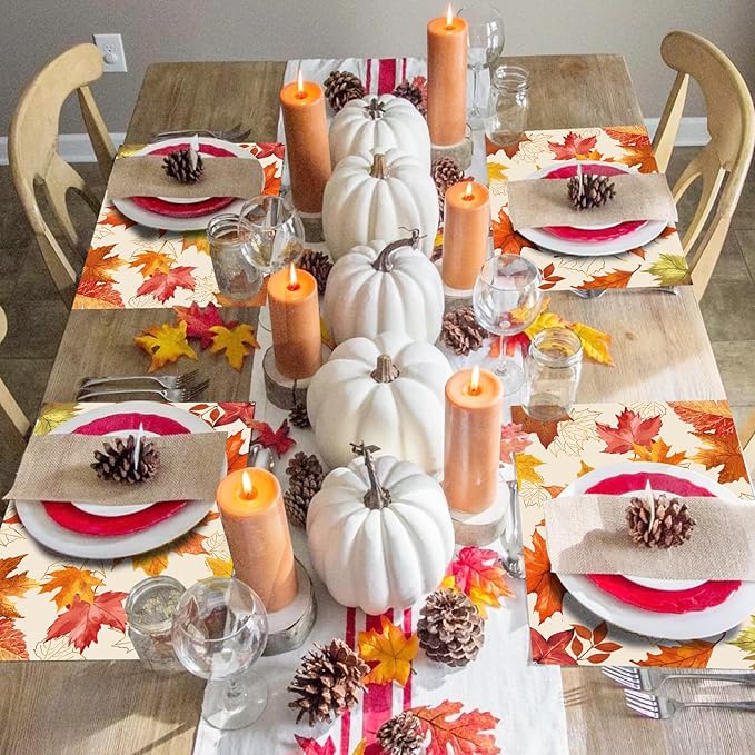 Paper Placemats Disposable 50 Pack Fall Maple Leaves Placemats 16x 11 Inch Thanksgiving Watercolor Yellow Leafs Autumn Table Mats for Home Party Kitchen Dining Table Decoration