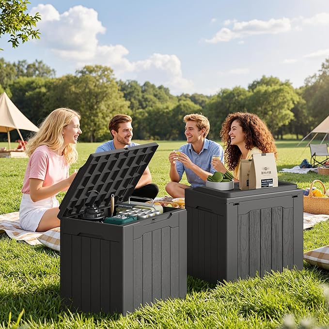 JUMMICO 31 Gallon Resin Deck Box Waterproof Indoor Outdoor Storage Boxes for Patio Furniture Cushions and Garden Tools (Gray, 31gallon-2 Packs)