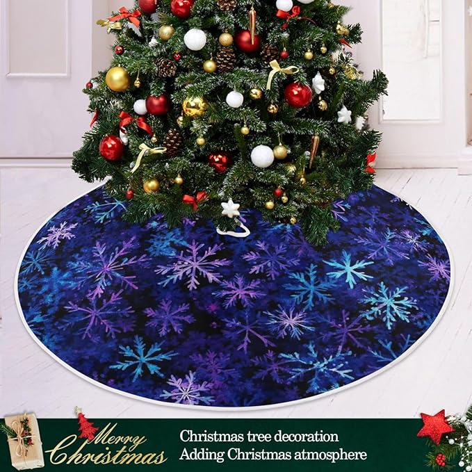 Christmas Blue Purple Snowflake Tree Skirt, Seasonal Tree Mat Holiday Party Supplies Ornaments Indoor Outdoor Decorations for Tabletop Trees 47.2 Inches
