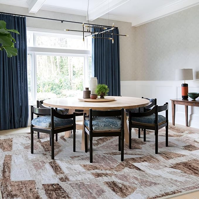 Modern Abstract 8X10 Area Rug for Living Room Bedroom Washable, Non-Slip Rubber Backing Print Faux Wool Thin, Brown Throw Large Carpet for Kids Playroom Dining Room Pet & Child Friendly