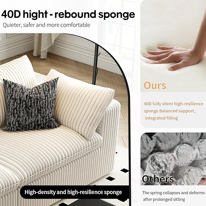 118" Cloud Couch Modular Sectional Sofa for Living Room,Modern Sofa with Deep Seat,L-Shape Boneless Couch with Ottoman,Comfy Upholstered Corduroy Couches for Apartment, Studio, Office,Bedroom,White