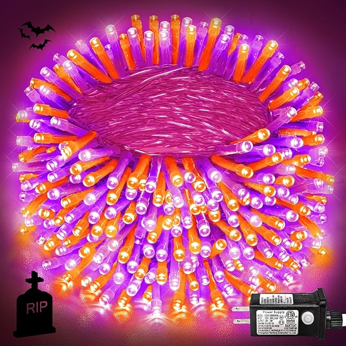 600 LED Halloween String Lights Outdoor, 197 FT Halloween Lights Outdoor Clear Wire with 8 Modes, Plug in Waterproof Christmas Light for Tree Party Christmas Thanksgiving Decorations, Purple&Orange
