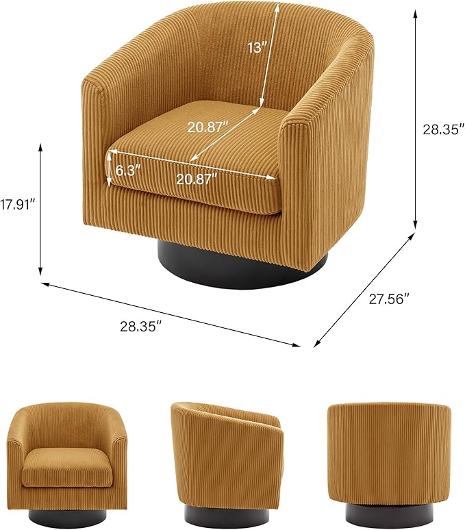 Swivel Barrel Accent Chair, Modern Round Corduroy Fabric Arm Chair for Living Room, Bedroom, Comfy Club Reading Chairs for Adults (Corduroy Orange, Set of 1)
