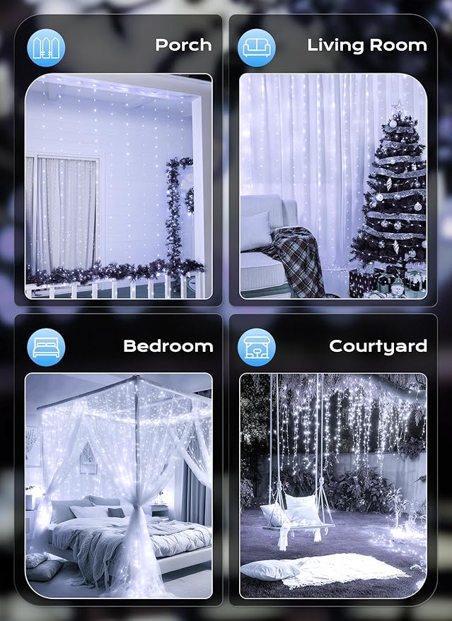 Brightown 300 LED Fairy Curtain Lights, 9.8ft x 9.8ft White Curtain String Lights, Winter Wonderland Decorations, USB Plug 8 Modes LED Christmas String Hanging Lights with Remote for Indoor Outdoor