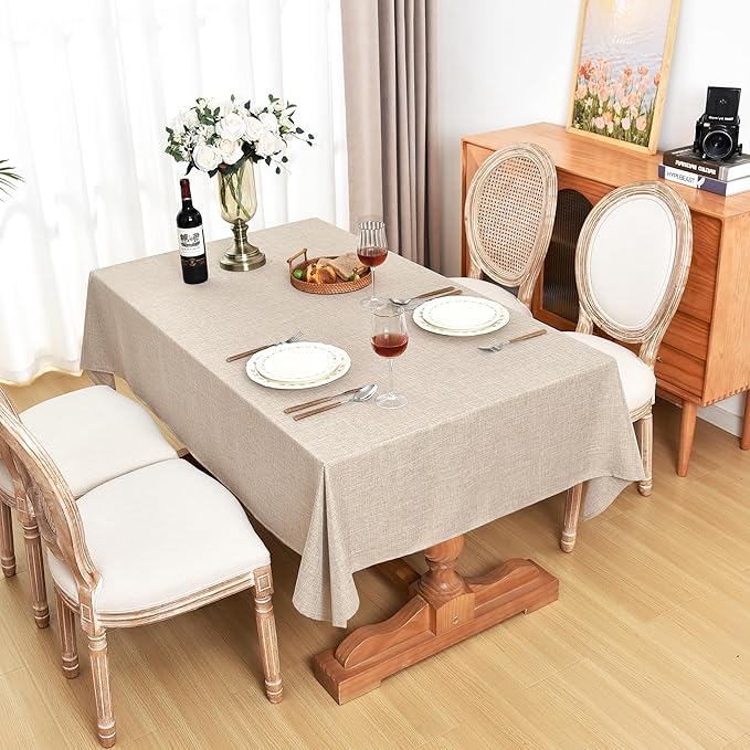 Fitable Faux Linen Beige Table Clothes Rectangle 60 x 144 Inch - 2 Pack Neutral Tablecloths for 10 Foot Tables, Faux Burlap Kitchen Table Covers for Dining, Party, Farmhouse, Banquet, Buffet