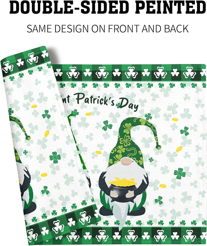 St Patricks Day Placemats Green Gnome Gold Coin Shamrock Placemats Set of 4 Buffalo Plaid Spring Holiday Linen Place Mats for Kitchen Dining Party Table Home Decoration Size 12x18 Inches