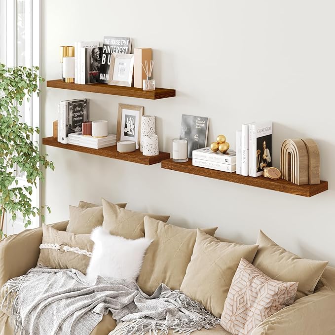 BAMEOS Floating Shelves, American Oak Wall Mounted Wooden Shelves with Invisible Brackets Set of 3, Hanging Wall Shelves Decoration for Bedroom, Bathroom, Living Room and Kitchen