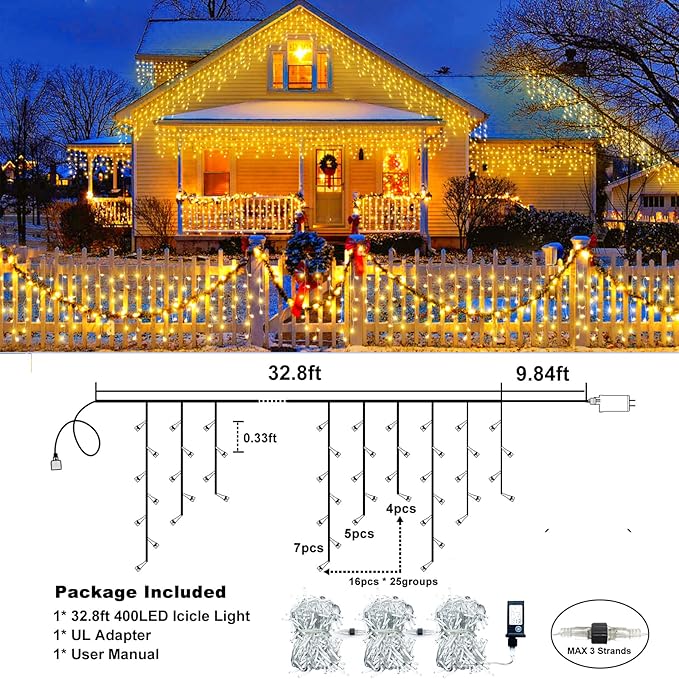 Icicle Lights for Outside, 33FT 400 LED Icicle Christmas Lights Outdoor, Waterproof & 8 Modes & Timer, Plug in Twinkle String Light for Indoor Patio Party Wedding Xmas Holiday Decorations, Warm White