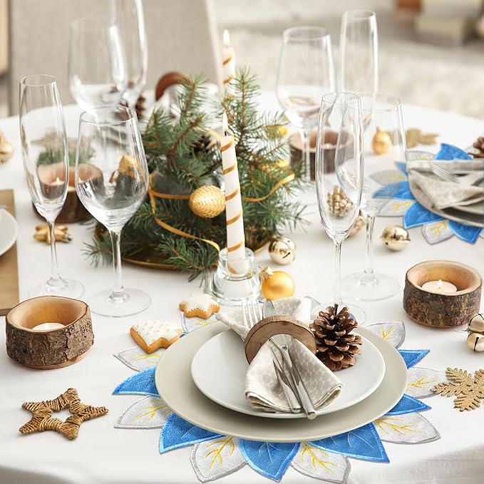 Tudomro 6 Pcs Holiday Embroidered Double Layer Placemats - Blue Glitter Applique Poinsettia Christmas Flower Placemats for Dining Table Decoration