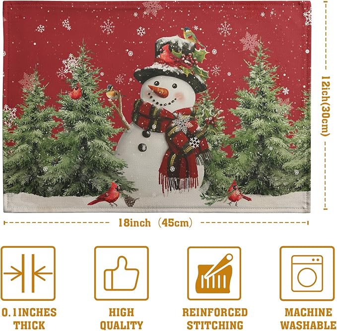 Snowman Christmas Red Placemats Set of 4 Xmas Tree Cardinal Snowflakes Linen Table Mats Seasonal Winter Holiday Place Mats Washable Placemat for Party Kitchen Dining Outdoor Indoor Decor