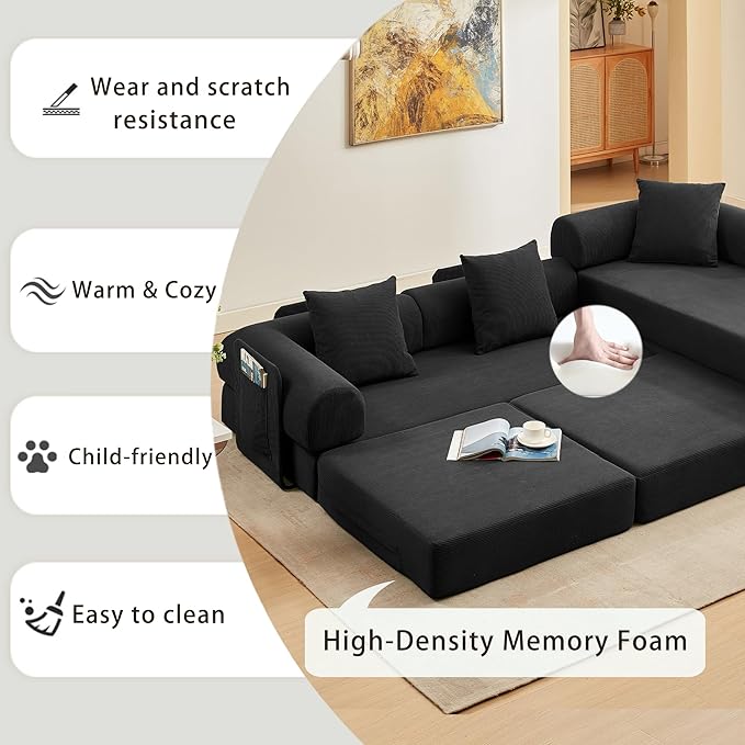 107" Oversized Convertible Sleeper Sofa Bed, Corduroy L Shape Sectional Couch, Folding Sofa Bed with Side Pocket, Modern Cloud Floor Mattress Couch, Modular Sofa for Living Room, Black