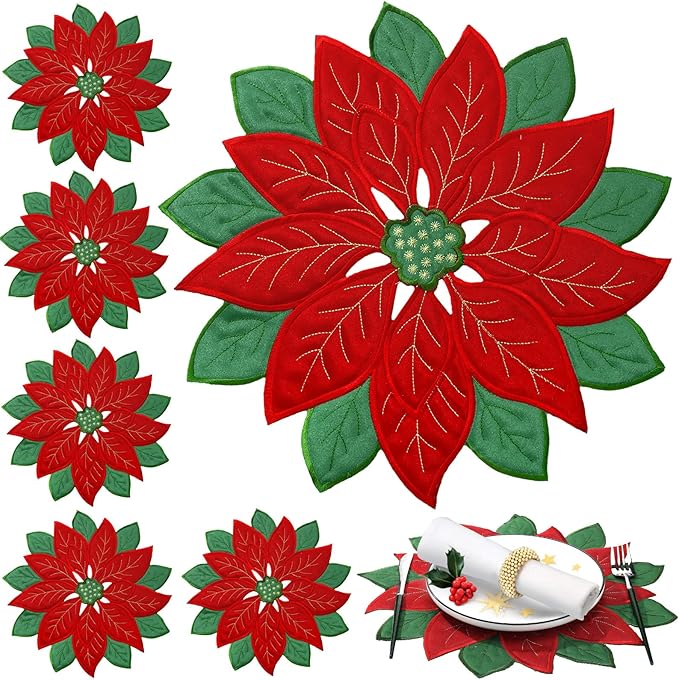 Christmas Placemats Set of 6 Christmas Embroidered Placemats 14 x 14 Inch Red Round Double Layer Applique Poinsettia Xms Flower Place Mat Table Decorations for Home Dining Holiday