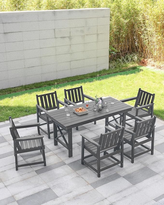 HDPE Outdoor Dining Table, 66.9” Rectangle Patio Dining Table for 6, All-Weather HDPE Outdoor Table with 2.2” Umbrella Hole, HDPE Patio Furniture for Deck, Backyard, Garden, Pool, Smoke Gray