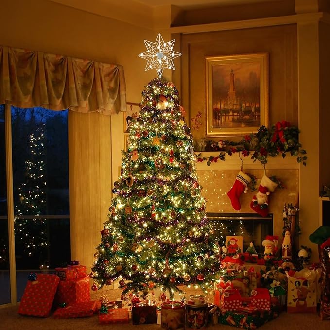 hogardeck Christmas Tree Topper, Glittered Silver 8-Pointed Star Tree Topper for Christmas Treetop, 20 LED Timer Sparkling Tree Toppers for Christmas Tree Decorations