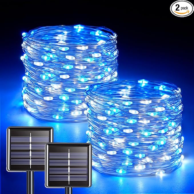 JMEXSUSS 2 Pack Blue and White Solar Christmas Lights, Each 33FT 100 LED Solar String Lights Outdoor Waterproof, 8 Modes Mini Fairy Lights for Outside Yard Patio Christmas Decorations
