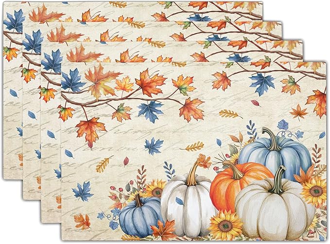 Fall Pumpkin Maple Leaf Placemats Set of 4 Vintage Rustic Autumn Thanksgiving Harvest Place Mats 12x18 Inch Seasonal Washable Table Mats for Party Kitchen Dining Decoration