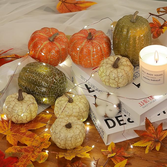 8Pcs Fake Pumpkins Fall Thanksgiving Decorations,Assorted Colors Plastic Pumpkins Home Decor, Artificial Mini Pumpkin for Decorating Autumn Harvest Outdoor Indoor Decor Centerpiece Table Decorations