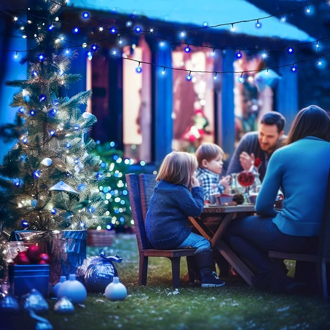 JMEXSUSS 2 Pack Blue & White Solar String Lights, Each 100 LED 33ft, Waterproof, 8 Modes for Outside Garden Patio Party Decoration