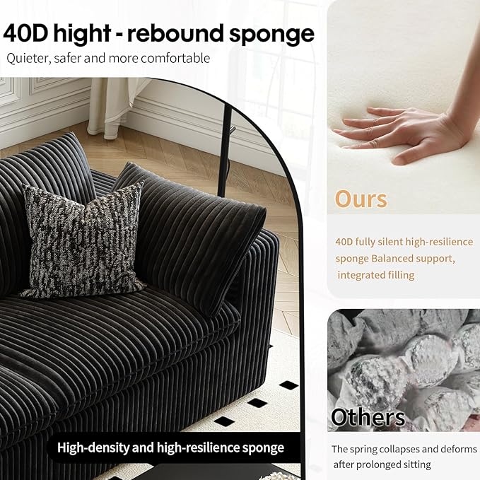 118" Cloud Couch Modular Sectional Sofa for Living Room,Modern Sofa with Deep Seat,L-Shape Boneless Couch with Ottoman,Comfy Upholstered Corduroy Couches for Apartment, Studio, Office,Bedroom,Black
