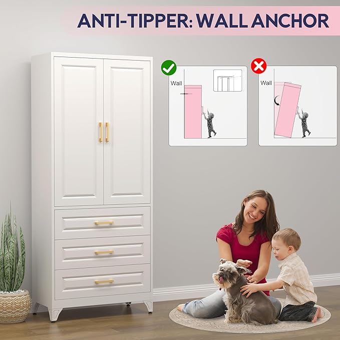 Pantry Kitchen Cabinet with Drawer, 75" Tall Pantry Storage Cabinet, Metal Storage Cabinets with Doors and Shelves, Large Freestanding Cupboard for Dining Room, Assembly Required, White