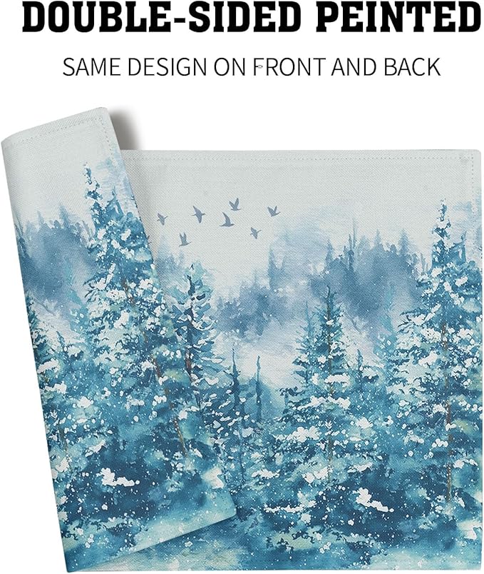 Blue Christmas Placemats Set of 4 Teal Winter Watercolor Tree Snow Theme Place Mats 12x18 Inch Xmas Holiday Washable Table Mats for Home Party Kitchen Dining