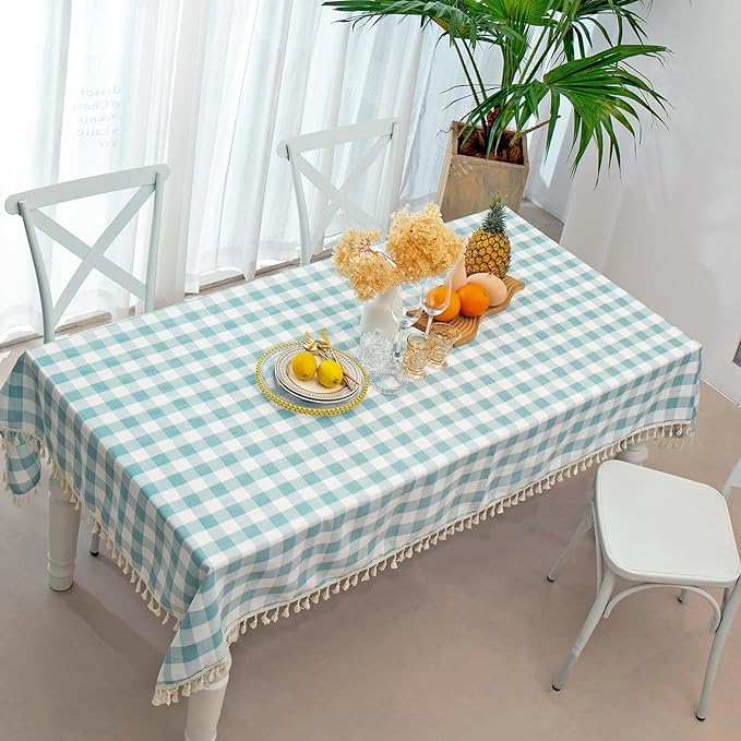 Checkered Tablecloth Rectangle, Heavy Weight Wrinkle Free Cotton Gingham Table Cloth Plaid Table Cover for Spring Summer Picnic Kitchen Dinner Restaurant Outdoor Party(55x84,Aqua