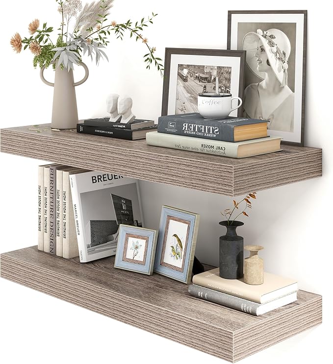 12 Inch Deep Floating Shelves for Wall | 30 Inch Floating Shelves Set of 2 | Rustic Grey Wood Shelves for Living Room Bathroom Laundry Room Bedroom Kitchen Home Office - Rustic Grey