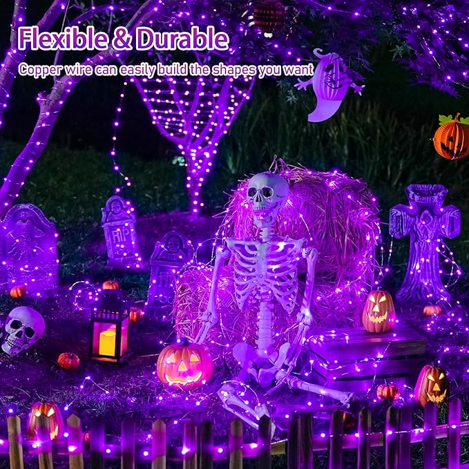 JMEXSUSS 2 Pack Solar Halloween Lights Outdoor, 33ft 100 LED Purple Halloween Lights, Waterproof 8 Modes Purple Solar Light for Outside Tree Garden Patio Christmas Decorations