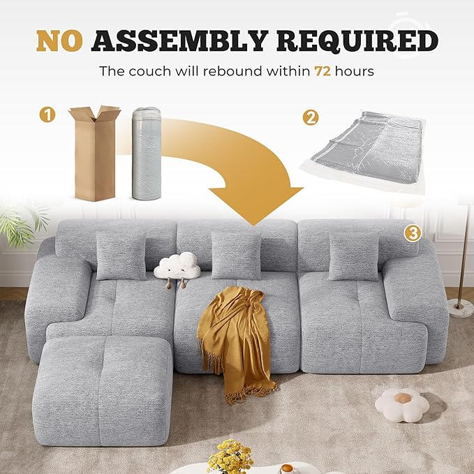 122" Modern L Shaped Modular Sectional Sofa, Boneless Couches for Living Room with Ottoman,4 Seater Convertible Chenille Cloud Couch Sofa Set, No Assembly Required, Light Grey 1 PCS