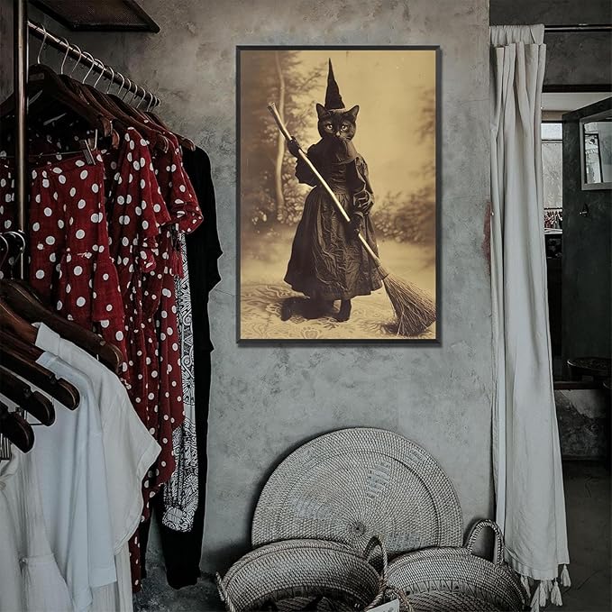 Halloween Decor Posters Black Cat Witch Canvas Wall Art Vintage Spooky Print Of Gothic Room Family Dark Academia Decorations Creepy Picture Poster Aesthetic 16X24inch Aluminum Framed