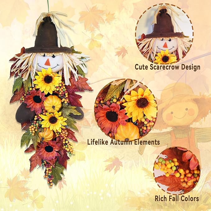 24" Rustic Fall Scarecrow Teardrop Swag โ Farmhouse Sunflower & Pumpkin Wreath โ Autumn Harvest Hanging Decor for Front Door, Wall, Porch, Indoor/Outdoor
