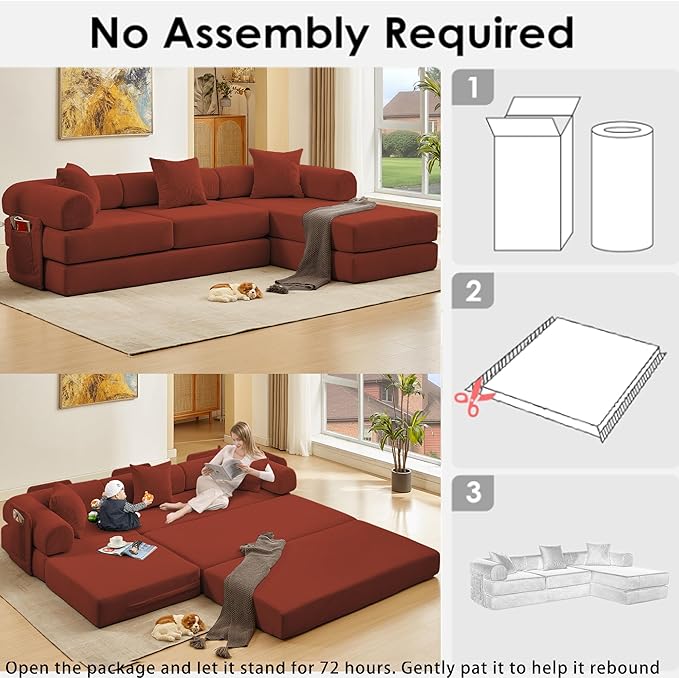 107" Oversized Convertible Sleeper Sofa Bed, Corduroy L Shape Sectional Couch, Folding Sofa Bed with Side Pocket, Modern Cloud Floor Mattress Couch, Modular Sofa for Living Room, Red