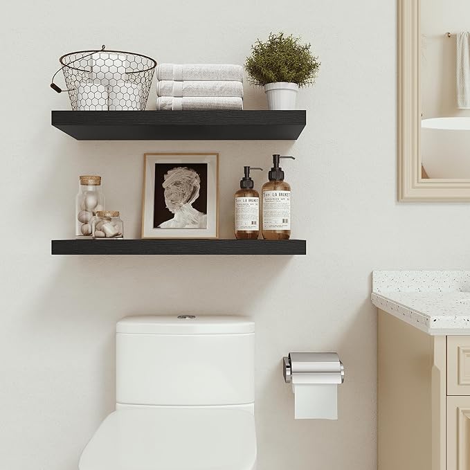 Black Floating Shelves for Wall Mounted, 24 inchs x 9.1” Deep x 1.5” Thick Wall Shelves for Bedroom, Living Room, Bathroom,Kitchen, Office, Home Decor Shelf with Invisible Bracket - Set of 2