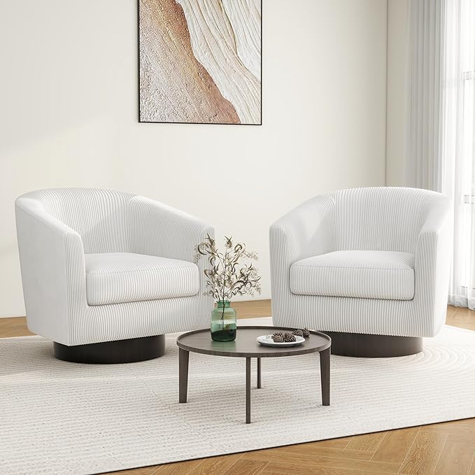 Swivel Barrel Accent Chair, Modern Round Corduroy Fabric Arm Chair for Living Room, Bedroom, Comfy Club Reading Chairs for Adults (Corduroy Beige, Set of 2)