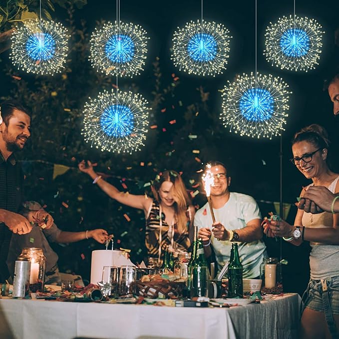 8 Pack Firework Lights 180 Led Copper Wire with 8 Models Power Supply Remote Control Waterproof Outdoor Hanging for Decor Garden Party Christmas