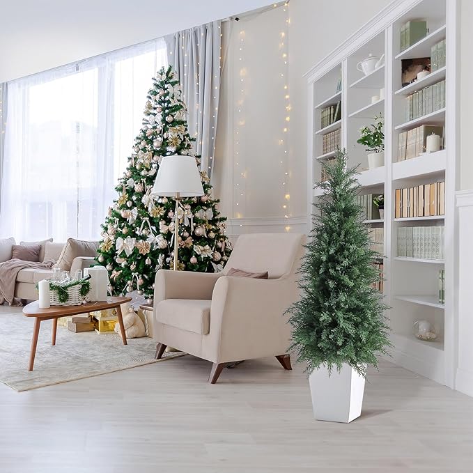 Artificial Cedar Topiary Trees 3FT Set of 2 Lifelike Faux Evergreen Cypress Bushes UV Resistant Outdoor Christmas Trees Realistic Potted Plants for Indoor Outdoor Decor