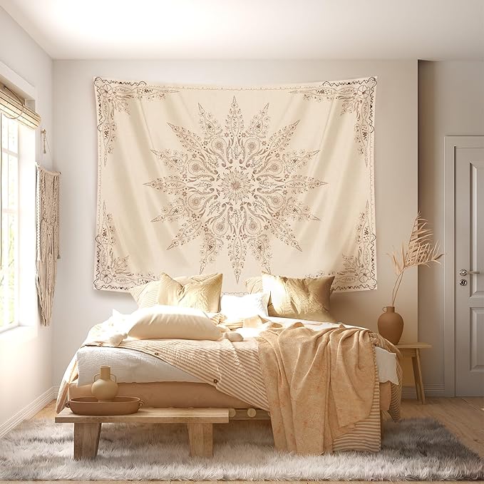 Damanse Floral Tapestry Wall Hanging Cute,Boho Wall Tapestry for Bedroom Aesthetic,Mandala Living Room Decor for Teen Girls (Flaxen, 34.80" x 47.20")