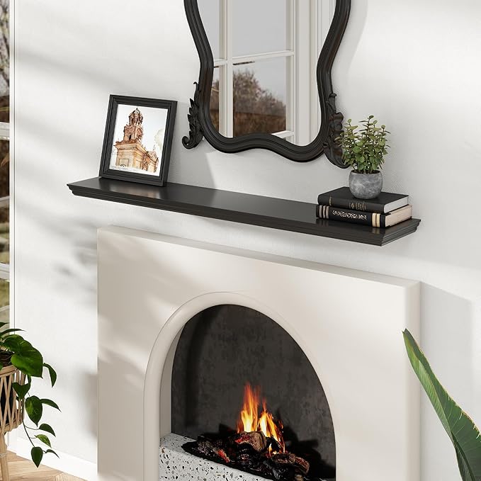 Floating Shelves for Wall, 48 Inch Long Wall Mounted Black Hanging Shelf for Kitchen, Living Room, Office, Bedroom, Bathroom, Retro Vintage Wood Bookshelf for House Decor