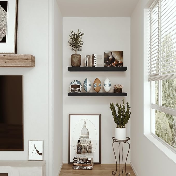 Black Floating Shelves for Wall Mounted, 24 inchs x 9.1” Deep x 1.5” Thick Wall Shelves for Bedroom, Living Room, Bathroom,Kitchen, Office, Home Decor Shelf with Invisible Bracket - Set of 2